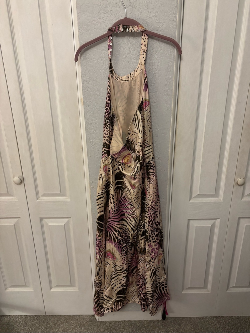 NWT Vintage Y2K 100% Silk Beaded Halter neck Maxi Dress Animal Print Size 8 - Picture 2 of 6